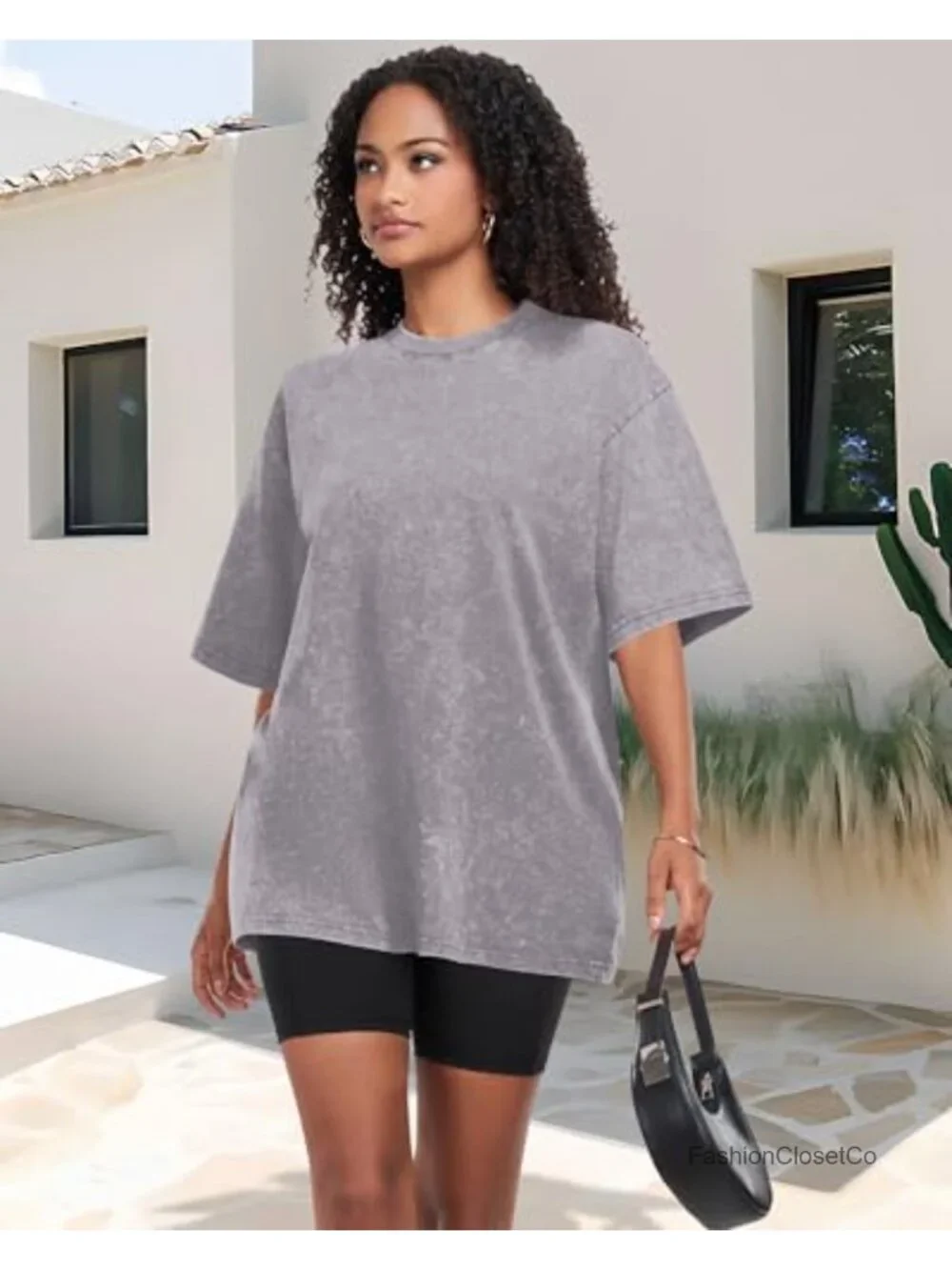 Oversized Women's Vintage Washed Cotton Crewneck Tee - Boxy Fit, Short Sleeve - Picture 5 of 6